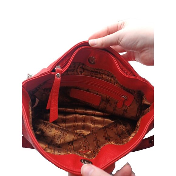 Tignanello Pebble Leather Chain Tote Handbag Purse Tomato Red Shoulder Bag Large - Picture 13 of 15